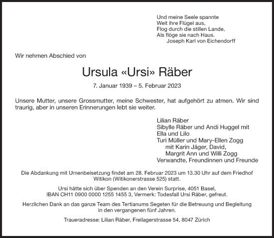 Traueranzeige von Ursula Räber von AvU