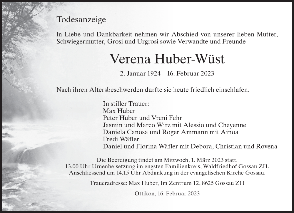  Traueranzeige für Verena Huber-Wüst vom 22.02.2023 aus AvU