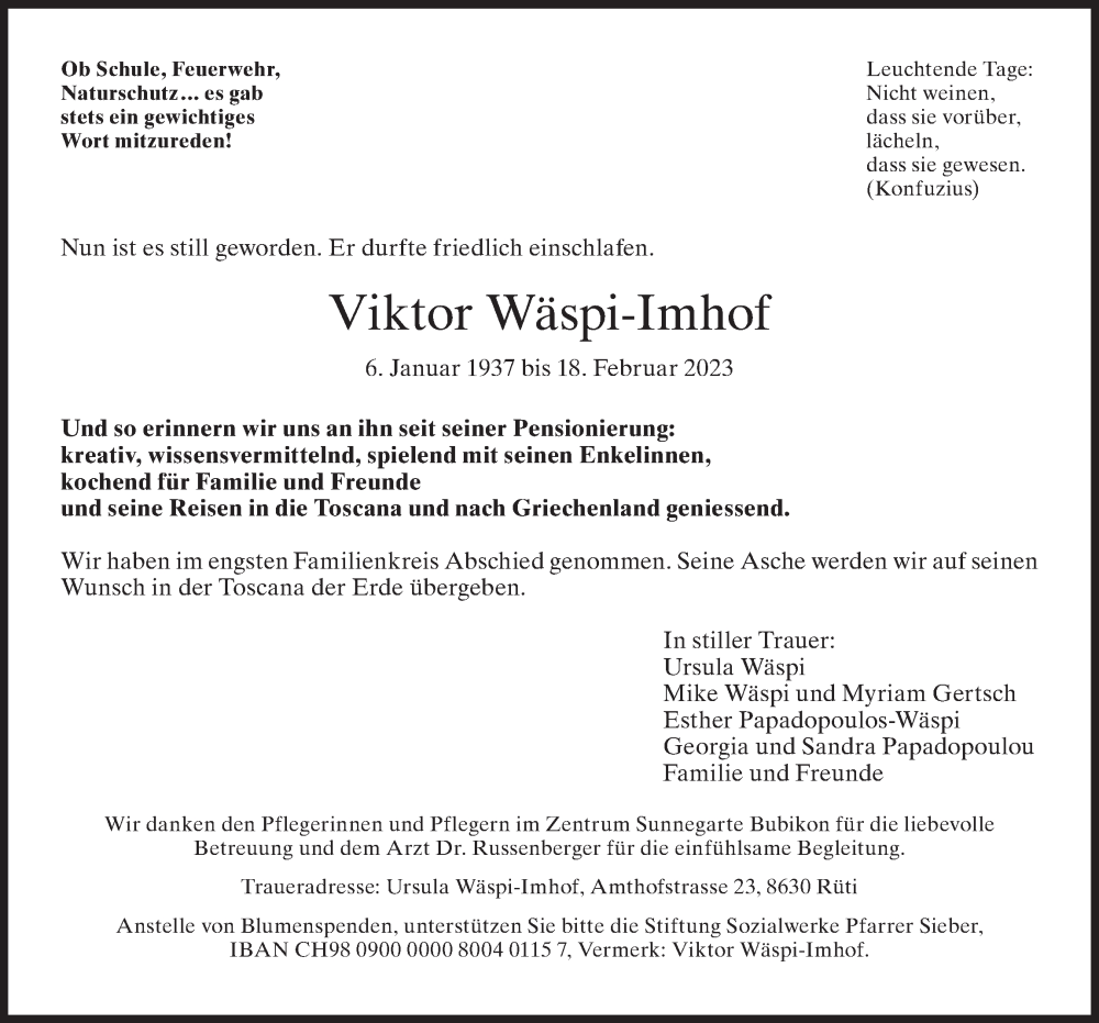  Traueranzeige für Viktor Wäspi-Imhof vom 01.03.2023 aus AvU