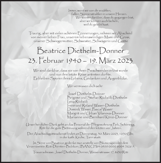 Traueranzeige von Beatrice Diethelm-Donner von ZO solo