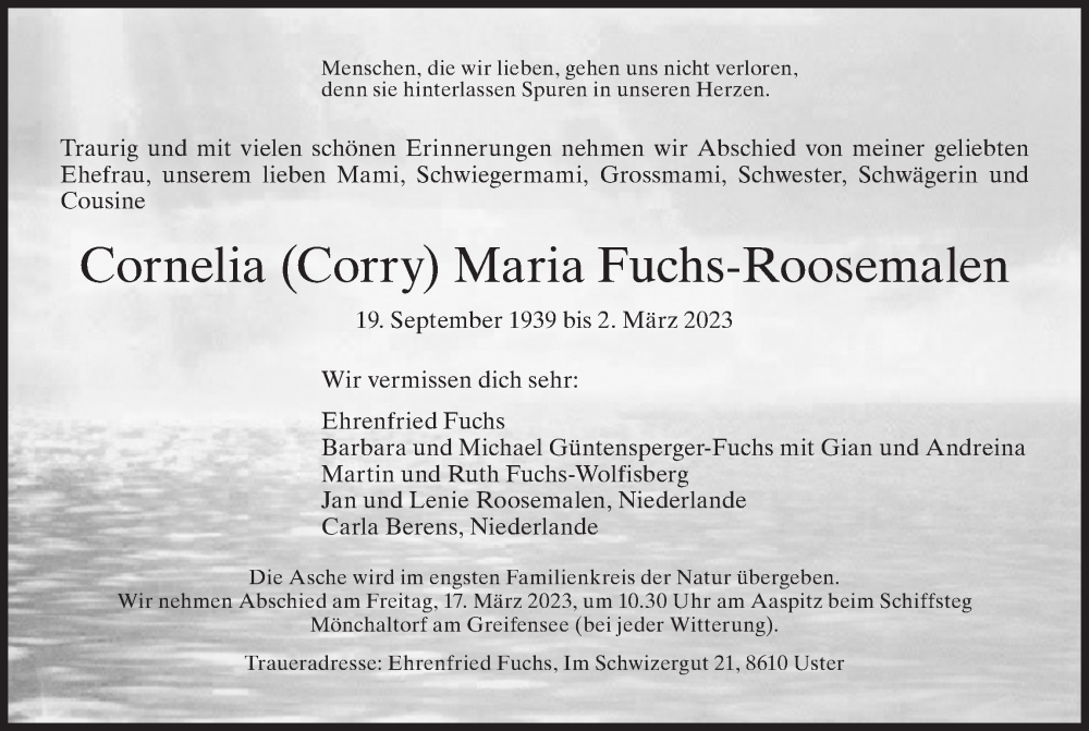  Traueranzeige für Cornelia Maria Fuchs-Roosemalen vom 08.03.2023 aus AvU