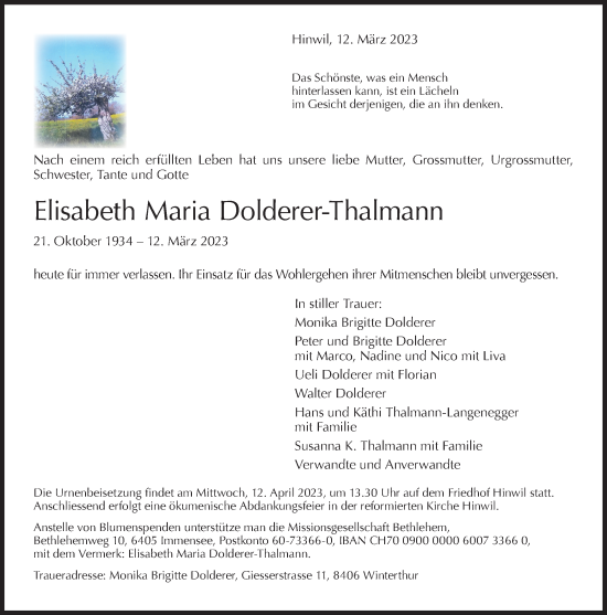 Traueranzeige von Elisabeth Maria Dolderer-Thalmann von AvU