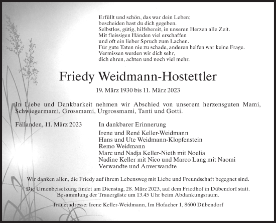 Traueranzeige von Friedy Weidmann-Hostettler von AvU