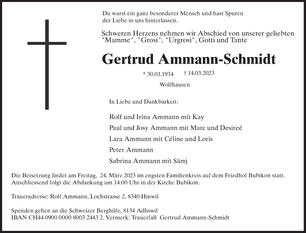  Traueranzeige für Gertrud Ammann-Schmidt vom 18.03.2023 aus ZO solo