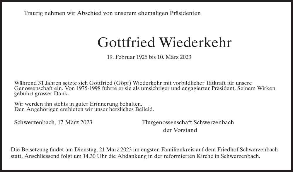  Traueranzeige für Gottfried Wiederkehr vom 17.03.2023 aus VO solo