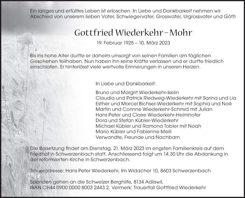  Traueranzeige für Gottfried  Wiederkehr–Mohr vom 15.03.2023 aus AvU