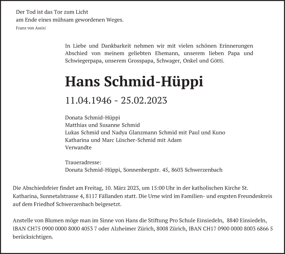 Traueranzeige für Hans Schmid-Hüppi vom 03.03.2023 aus AvU