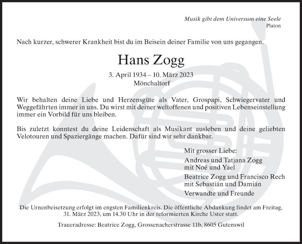  Traueranzeige für Hans Zogg vom 15.03.2023 aus AvU