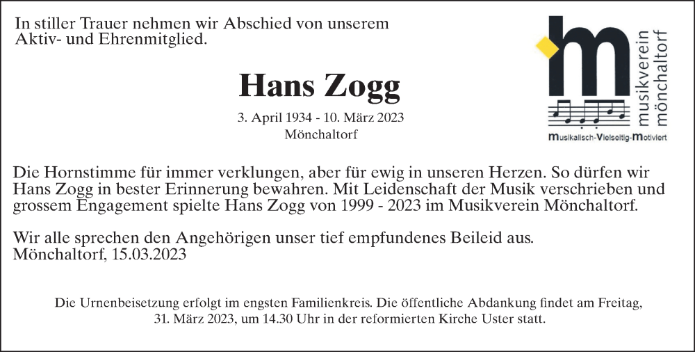  Traueranzeige für Hans Zogg vom 16.03.2023 aus ZO solo