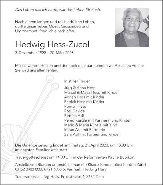 Traueranzeige von Hedwig Hess-Zucol von AvU