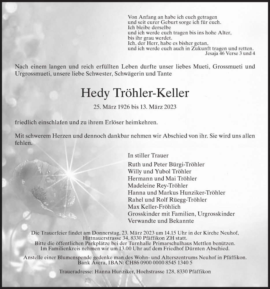  Traueranzeige für Hedy Tröhler-Keller vom 17.03.2023 aus ZO solo