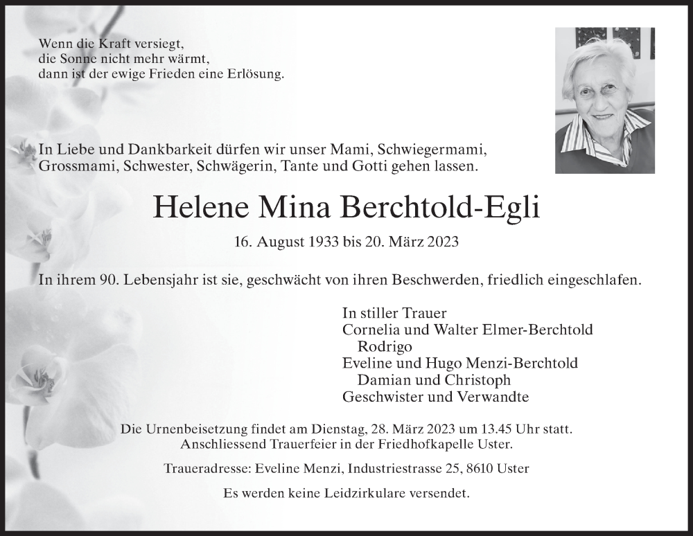  Traueranzeige für Helene Mina Berchtold-Egli vom 22.03.2023 aus AvU