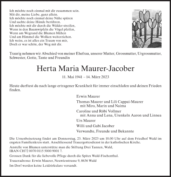 Traueranzeige von Herta Maria Maurer-Jacober von ZO solo