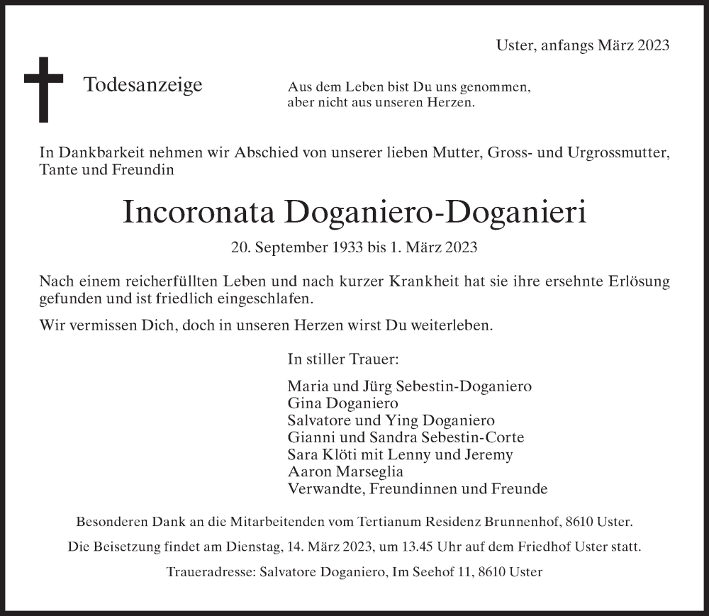  Traueranzeige für Incoronata Doganiero-Doganieri vom 08.03.2023 aus AvU