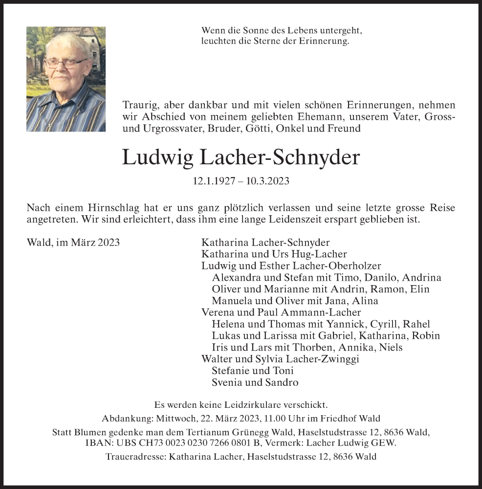  Traueranzeige für Ludwig Lacher-Schnyder vom 15.03.2023 aus AvU