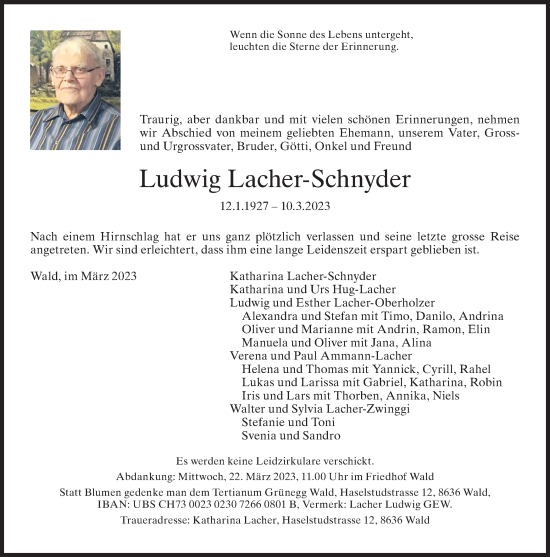 Traueranzeige von Ludwig Lacher-Schnyder von AvU