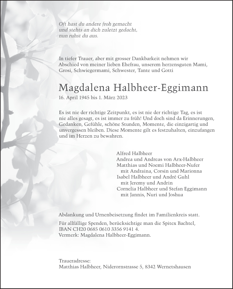  Traueranzeige für Magdalena Halbheer-Eggimann vom 10.03.2023 aus ZO solo