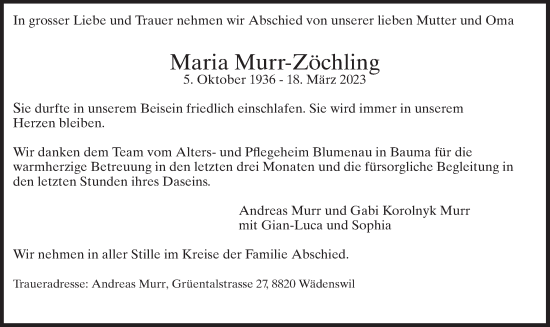 Traueranzeige von Maria Murr-Zöchling von ZO solo