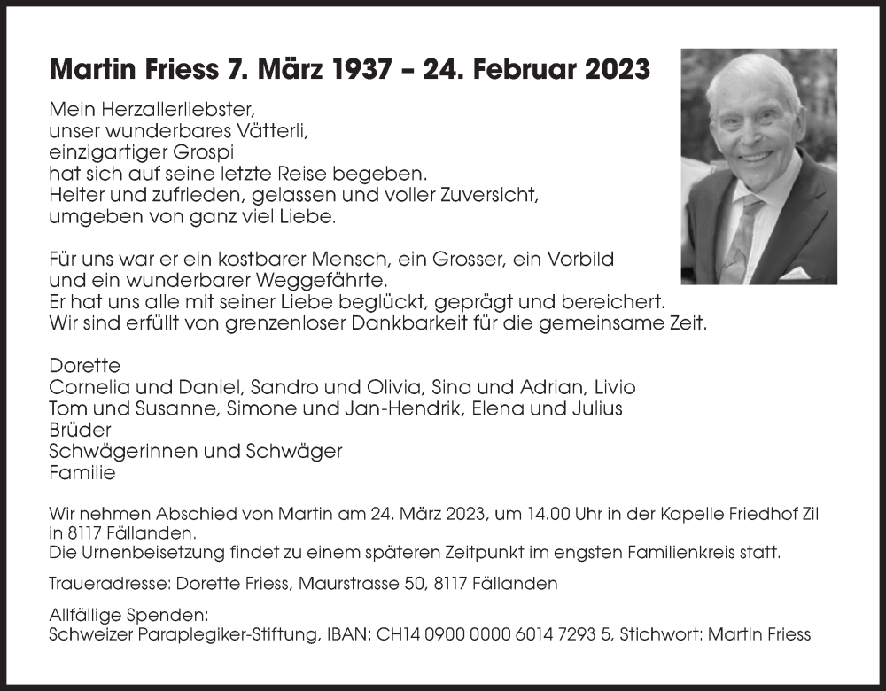  Traueranzeige für Martin Friess vom 03.03.2023 aus VO solo