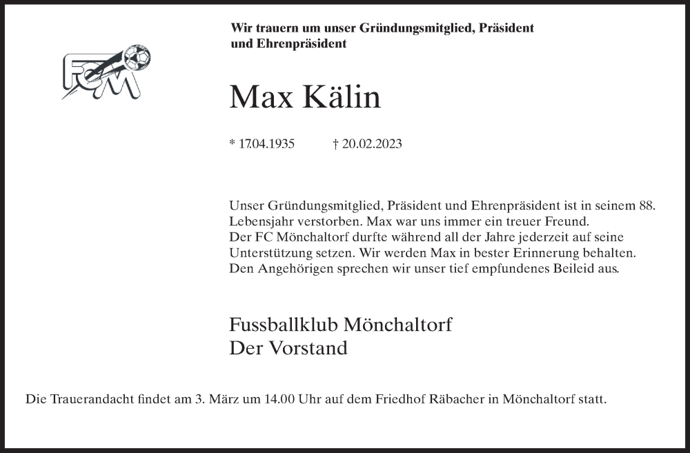  Traueranzeige für Max Kälin vom 02.03.2023 aus AvU