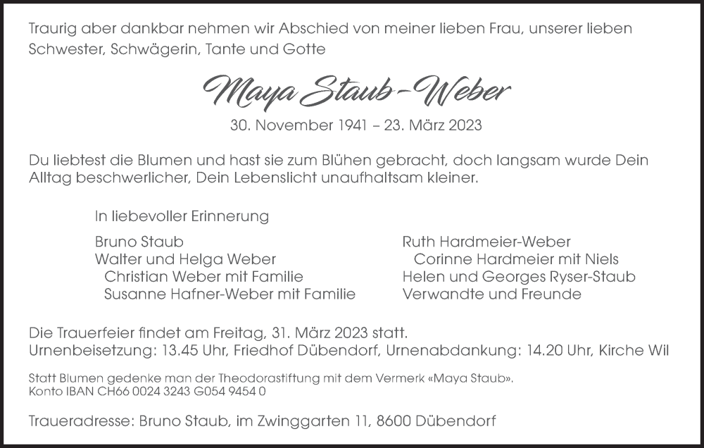  Traueranzeige für Maya Staub-Weber vom 31.03.2023 aus VO solo