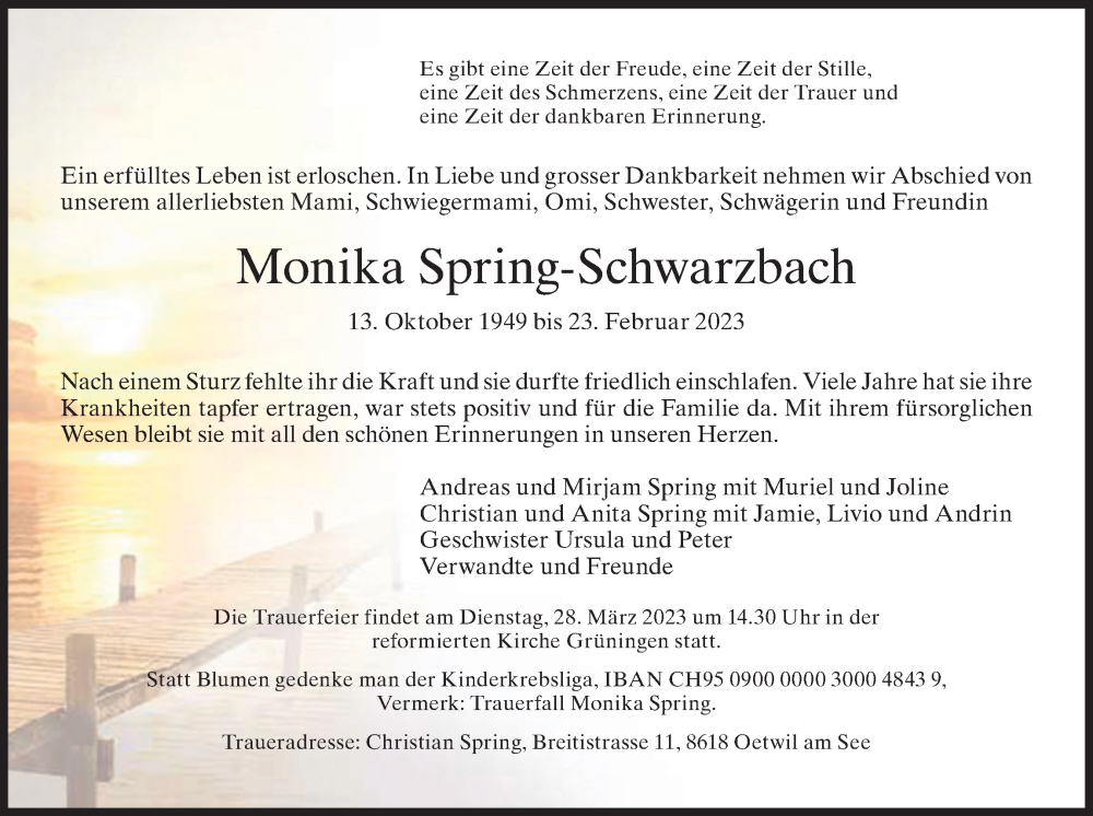  Traueranzeige für Monika Spring-Schwarzbach vom 11.03.2023 aus ZO solo
