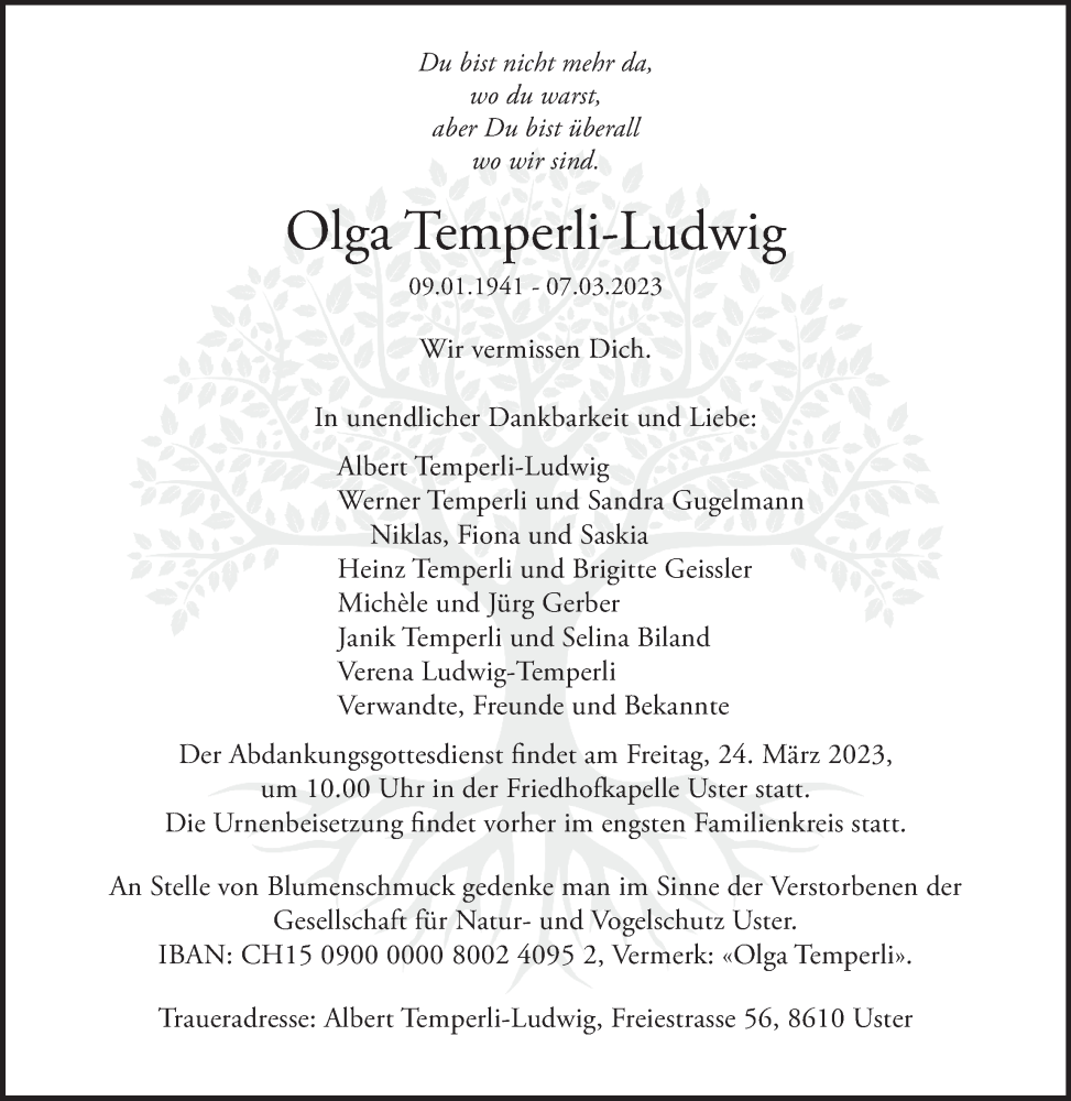  Traueranzeige für Olga Temperli-Ludwig vom 15.03.2023 aus AvU