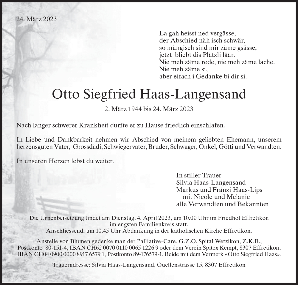  Traueranzeige für Otto  Haas-Langensand vom 29.03.2023 aus AvU