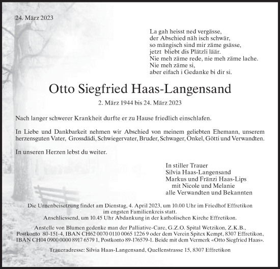 Traueranzeige von Otto  Haas-Langensand von AvU