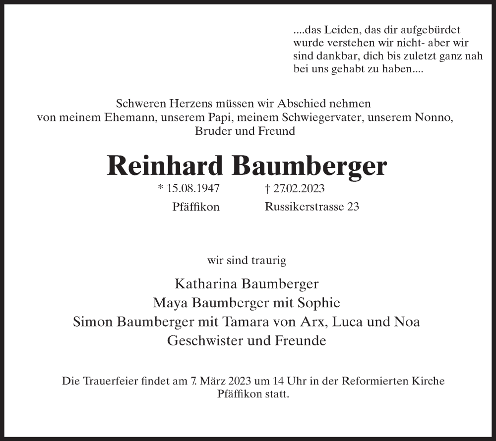  Traueranzeige für Reinhard Baumberger vom 02.03.2023 aus AvU