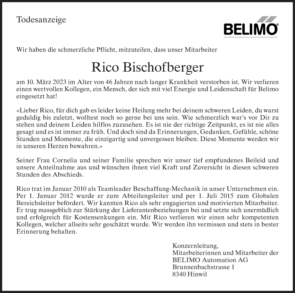  Traueranzeige für Rico Bischofberger vom 17.03.2023 aus ZO solo