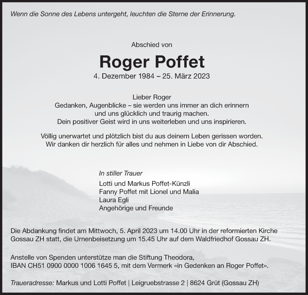  Traueranzeige für Roger Poffet vom 29.03.2023 aus AvU
