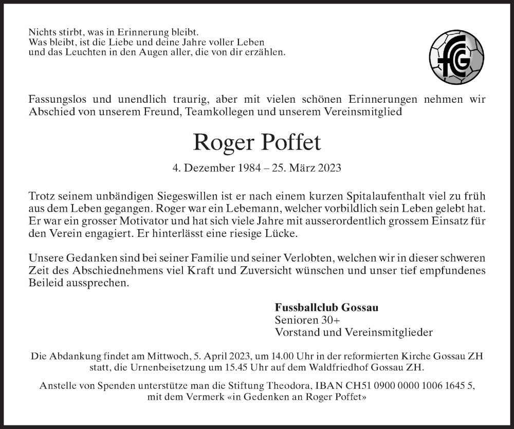  Traueranzeige für Roger Poffet vom 30.03.2023 aus ZO solo