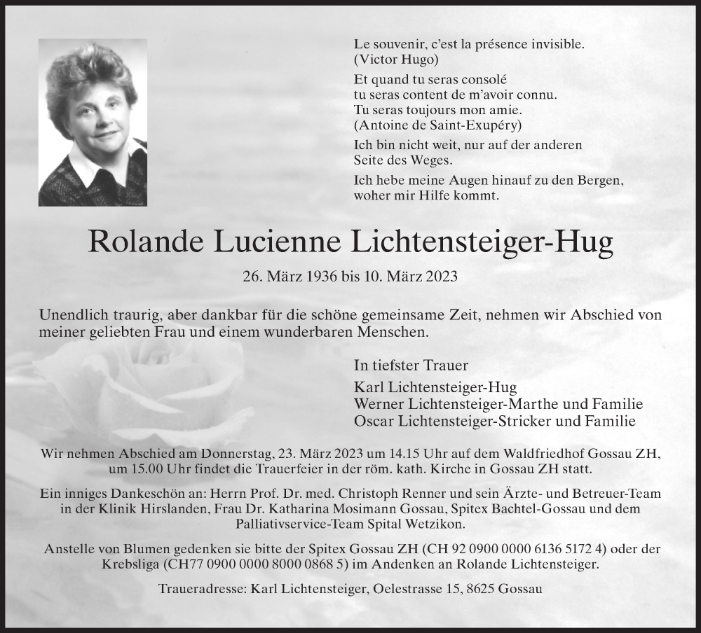  Traueranzeige für Rolande Lucienne Lichtensteiger-Hug vom 15.03.2023 aus AvU