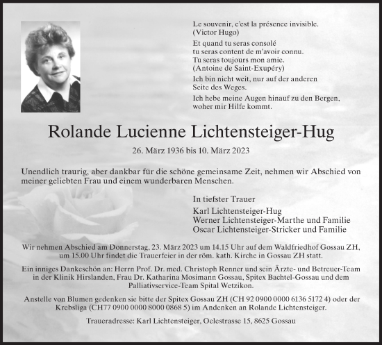 Traueranzeige von Rolande Lucienne Lichtensteiger-Hug von AvU