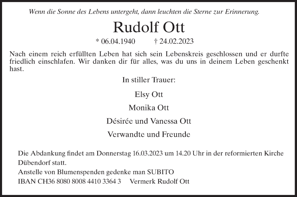  Traueranzeige für Rudolf Ott vom 10.03.2023 aus VO solo