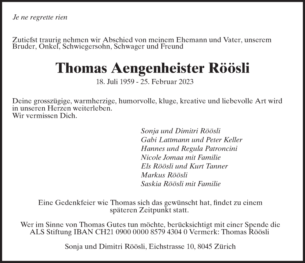  Traueranzeige für Thomas Aengenheister Röösli vom 08.03.2023 aus AvU