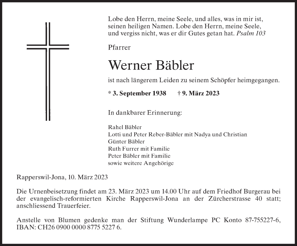  Traueranzeige für Werner Bäbler vom 15.03.2023 aus AvU