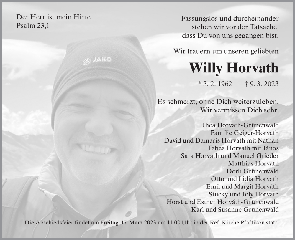  Traueranzeige für Willy Horvath vom 15.03.2023 aus AvU