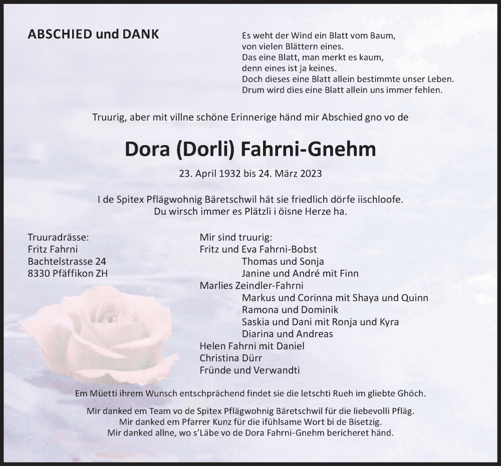  Traueranzeige für Dora Fahrni-Gnehm vom 19.04.2023 aus AvU