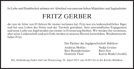 Traueranzeige von Fritz Gerber von AvU