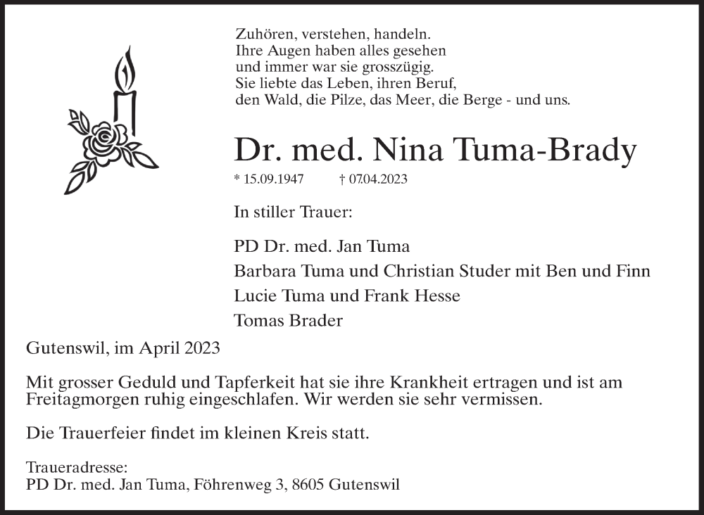  Traueranzeige für Nina Tuma-Brady vom 15.04.2023 aus ZO solo