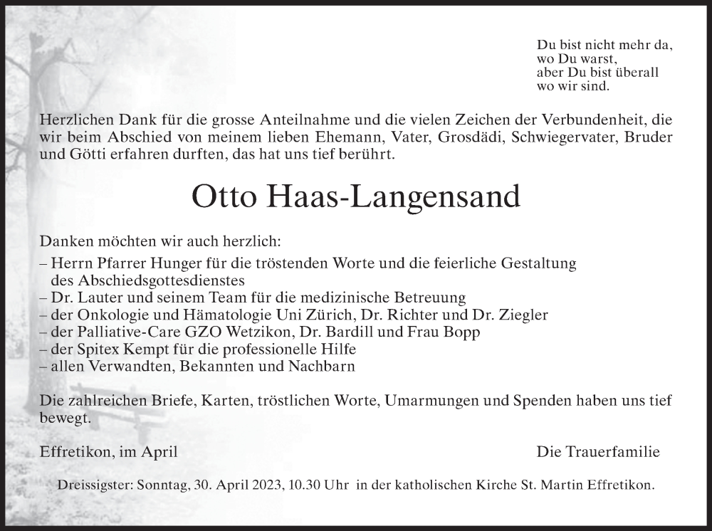  Traueranzeige für Otto  Haas-Langensand vom 28.04.2023 aus ZO solo