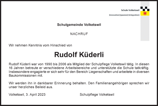 Traueranzeige von Rudolf Küderli von AvU
