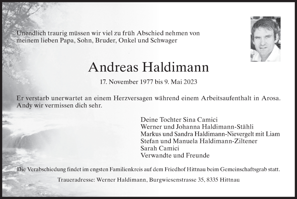  Traueranzeige für Andreas Haldimann vom 17.05.2023 aus AvU