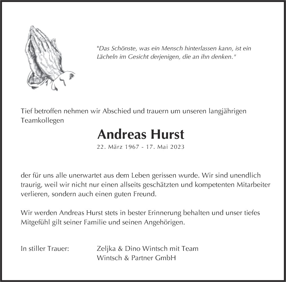  Traueranzeige für Andreas Hurst vom 25.05.2023 aus ZO solo