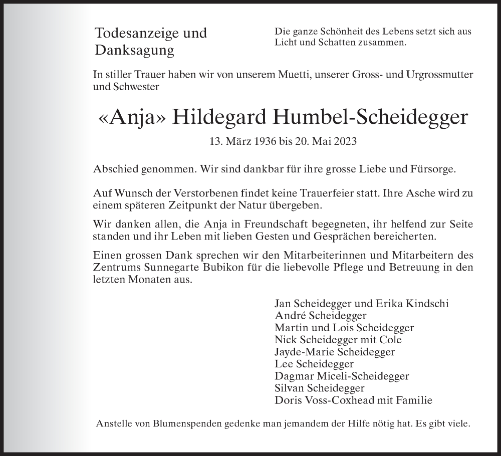  Traueranzeige für Anja Hildegard Humbel-Scheidegger vom 24.05.2023 aus AvU