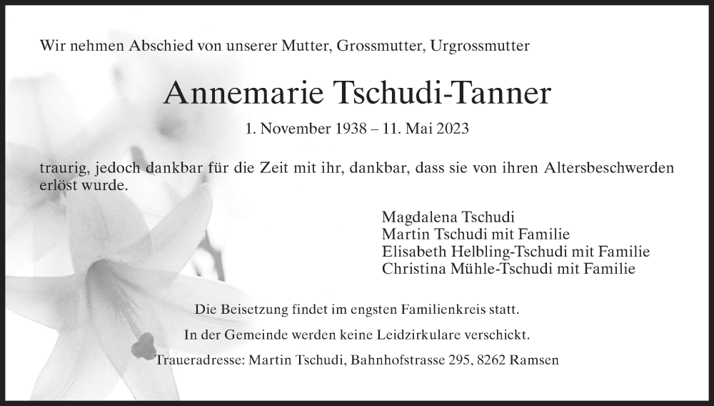  Traueranzeige für Annemarie Tschudi-Tanner vom 24.05.2023 aus AvU
