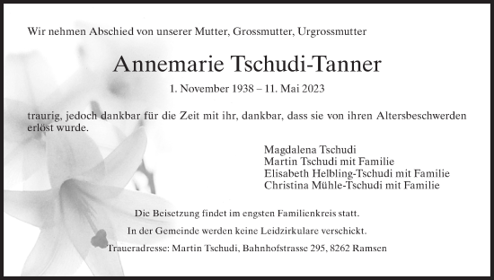 Traueranzeige von Annemarie Tschudi-Tanner von AvU
