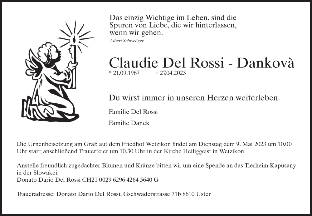  Traueranzeige für Claudie  Del Rossi-Dankova vom 03.05.2023 aus AvU